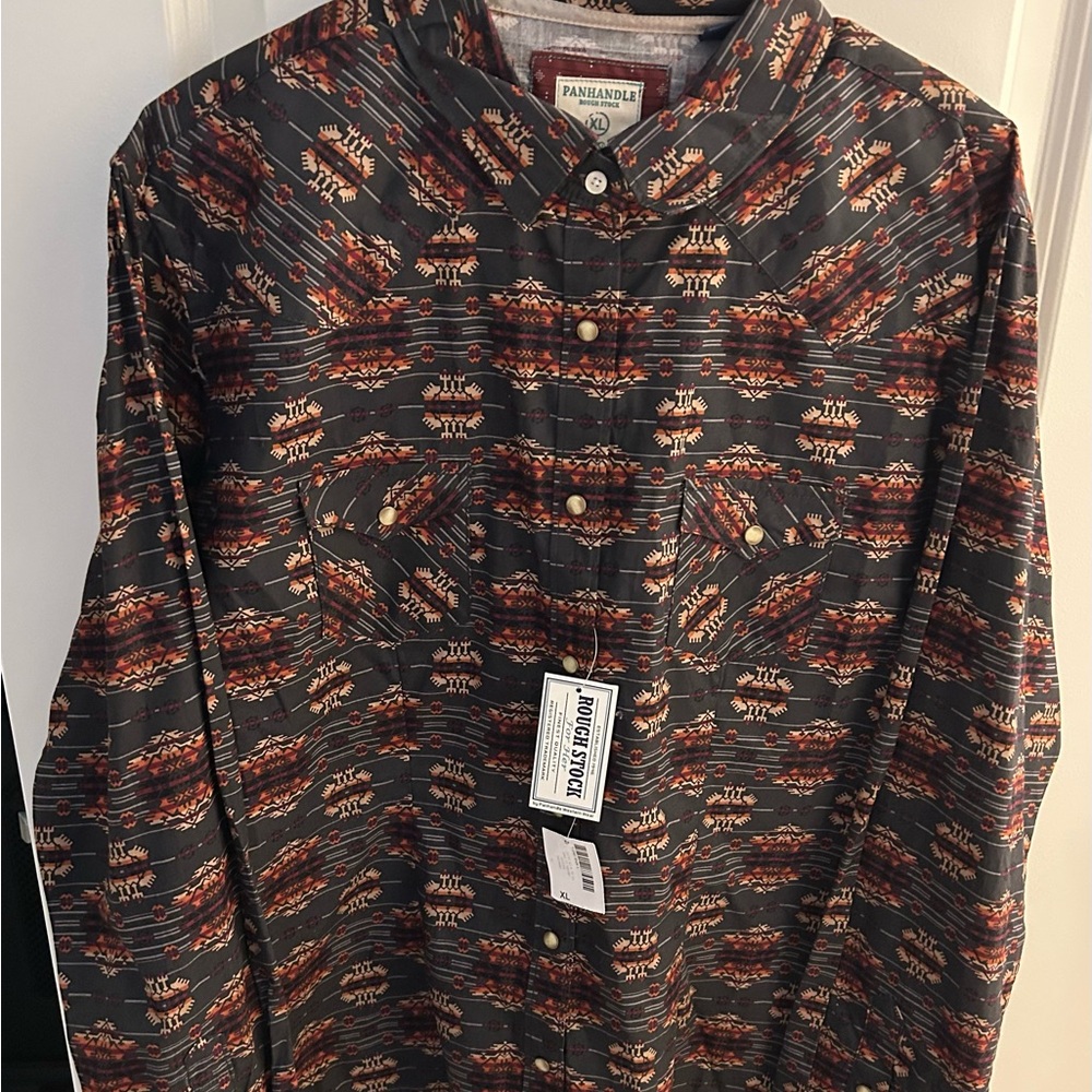 Panhandle Rough Stock Women's Black and Brown Pearl Snap Button Shirt